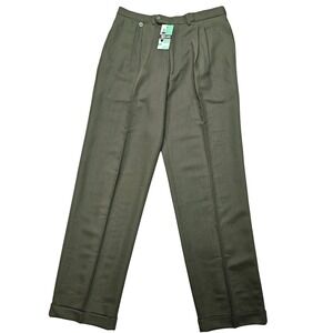 Milord Men Olive Green Pure New Wool Pleated Cuffed Trousers size 32 X 32 Italy